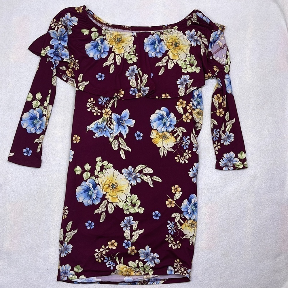 Hello Miz Burgundy Floral Off The Shoulder Ruffle Maternity Dress Small - Picture 7 of 9